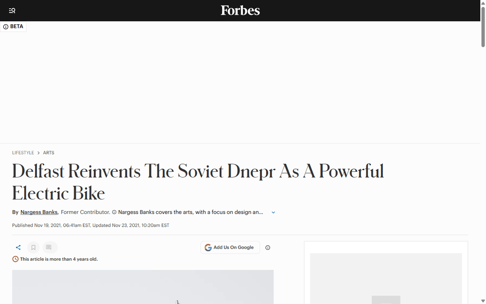 Forbes screenshot: Delfast Reinvents The Soviet Dnepr As A Powerful Electric Bike