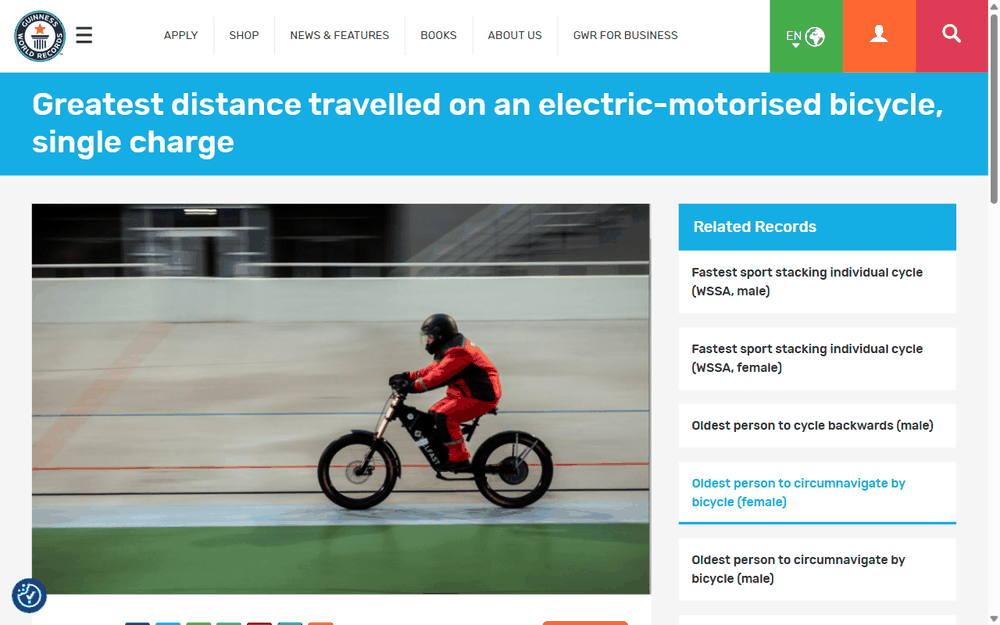 Guinness World Records page: greatest distance travelled on an electric-motorised bicycle, single charge